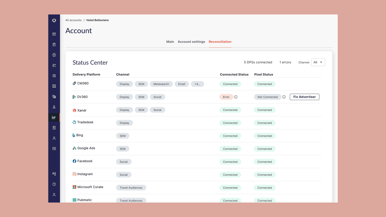 Scroll-through of the redesigned account page in Portal-native components: reconciliation Status Center, data integration, and the empty-state PMS integration