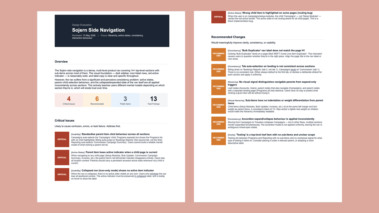 Navigation audit findings: structured UX evaluation of the Sojern side navigation with critical, recommended, and polish issues