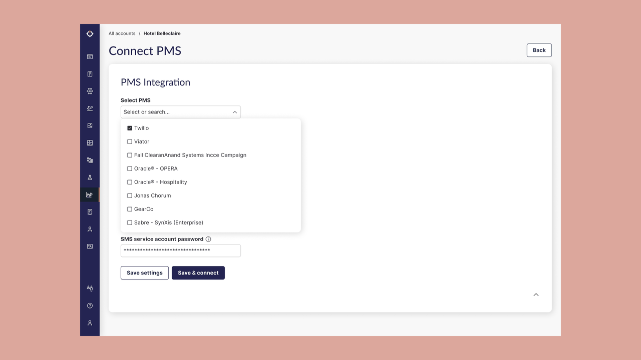 Scroll-through of the redesigned Connect PMS screen: selecting a PMS provider from the searchable dropdown, then the SMS integration fields ready to save and connect