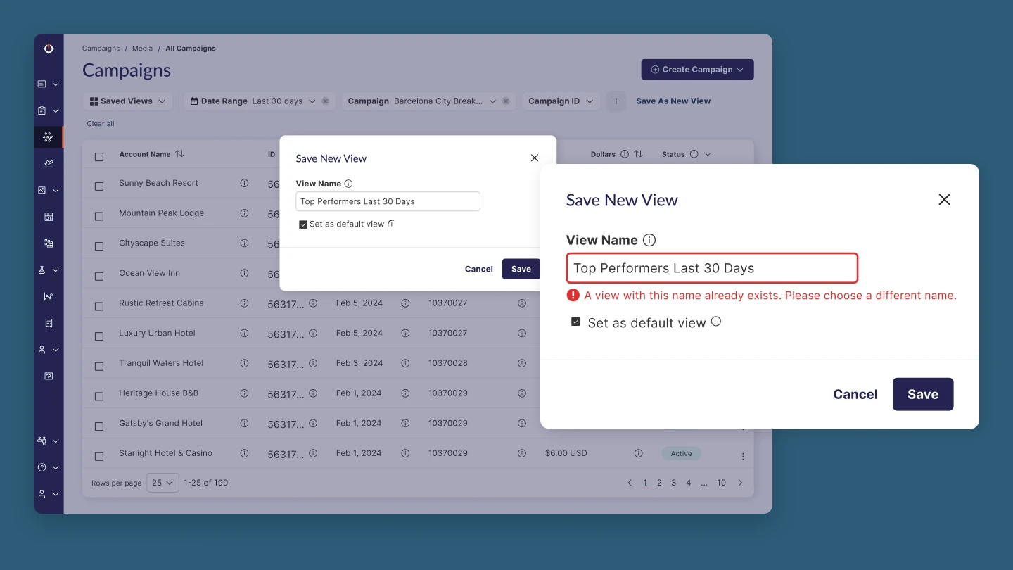 The Campaigns page with the Save New View modal open, and a close-up of the modal with an inline error under View Name that reads A view with this name already exists. Please choose a different name.