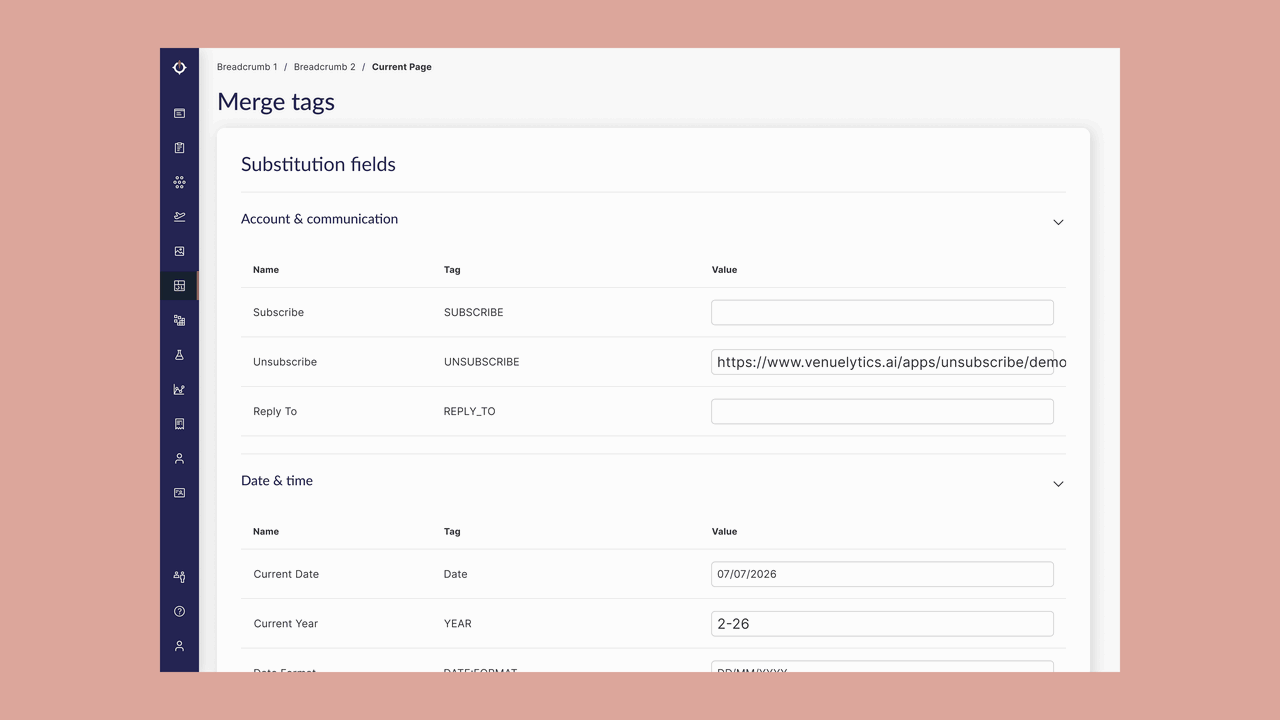 Scroll-through of the redesigned Merge tags screen, from the substitution-fields header down through Account and communication, Date and time, Guest details, Reservation details, Payment and deposits, and Venue information